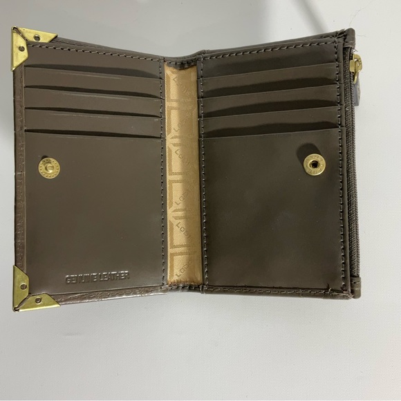 LODIS Brown Crocs Leather Bifold Sm Wallet Gold Hardware, 8 Card Slots Zip Area - Picture 13 of 16